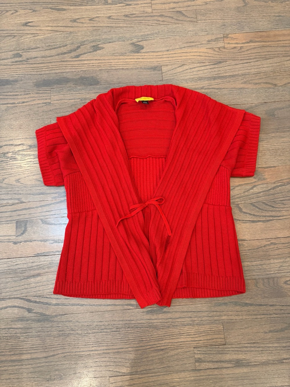 St. John Cardigan Knit Shawl Collar Short Sleeve Tie Front Ribbed Red Med Luxury